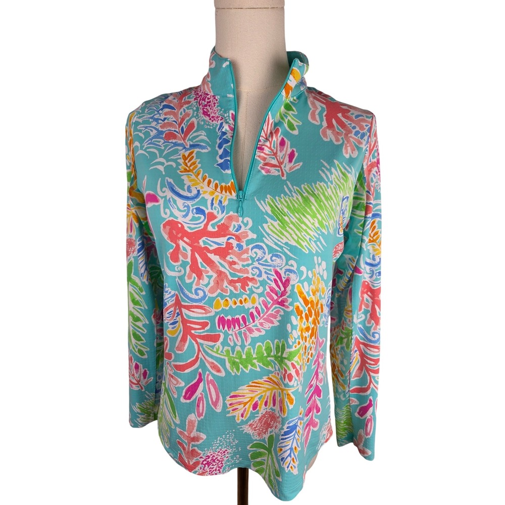 IBKUL Sun Shirt XS‎ Blue Sea Coral Print 1/4 Zip Mock Neck Cooling Golf Tennis